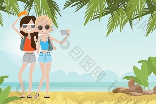 女孩会说话的自拍夏天海滩假期概念海边热带假期横幅