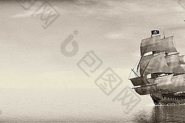 美丽的详细的海盗船浮动海洋包围海鸥一天古董风格图像渲染