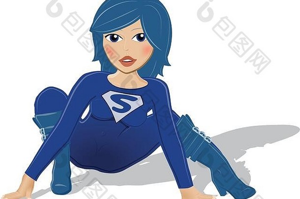 超级女孩超级英雄女人蓝色的广告卡通画