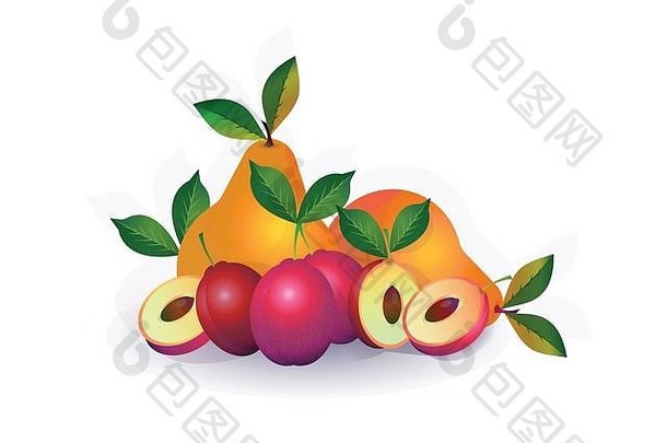 梨李子水果白色背景健康的生活方式饮食概念标志新鲜的水果