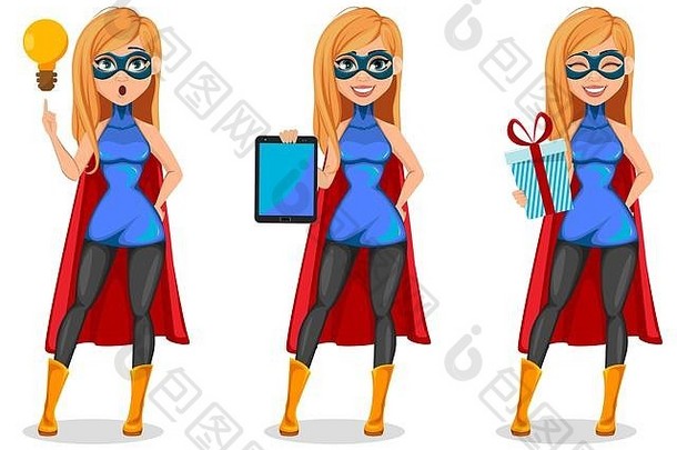 业务女人超级英雄集提出了概念女人穿超级英雄服装卡通字符好的想法持有平板电脑