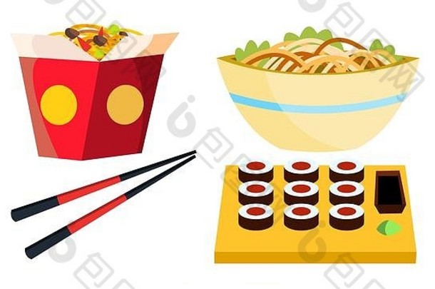 外卖中国人食物向量盒子面条筷子美味的午餐菜单孤立的平卡通插图