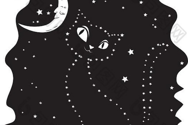 猫轮廓星星黑色的晚上天空