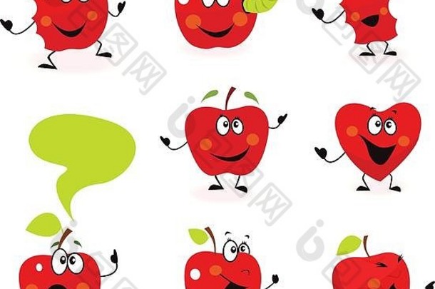 有趣的红色的苹果水果字符孤立的白色背景