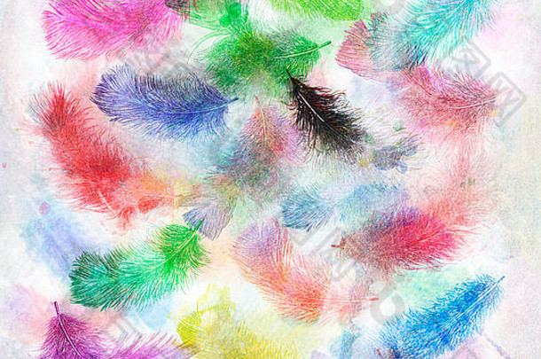 水彩数字绘画色彩斑斓的羽毛