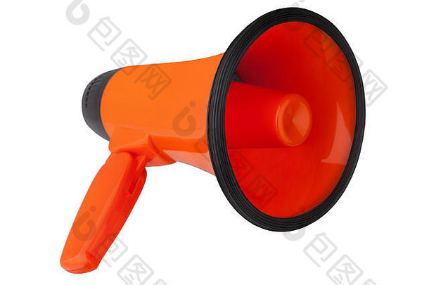 橙色扩音器白色背景孤立的关闭手扬声器设计红色的扬声器说话小号标志插图公告标志