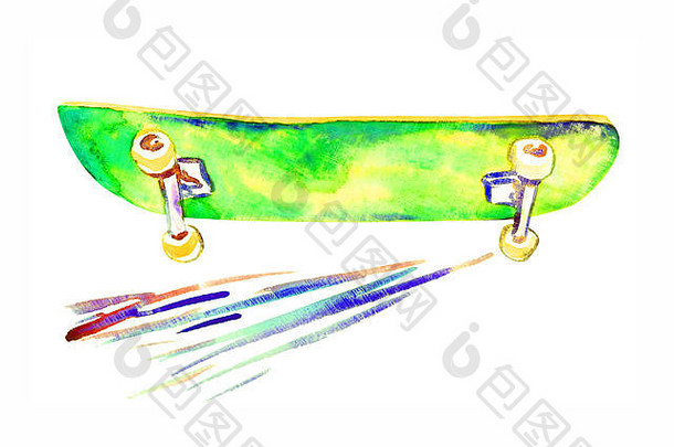 绿色滑板手画水彩插图孤立的白色背景