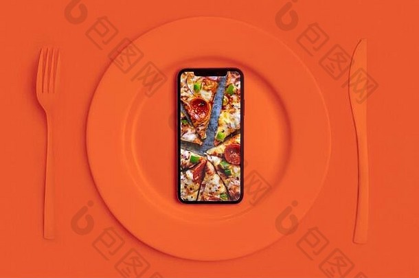 订单食物在线食物交付调用带食物首页智能手机披萨屏幕说谎板刀叉橙色视图