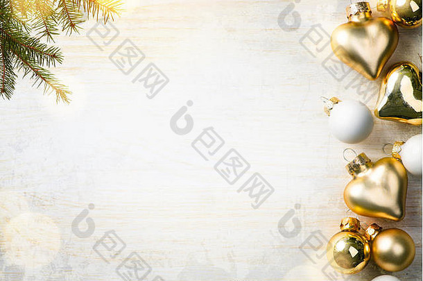 圣诞节作文圣诞节装饰冷杉树分支机构假期光白色木背景平躺前视图