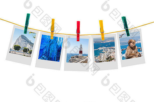 照片直布罗陀晾衣绳孤立的白色背景剪裁路径