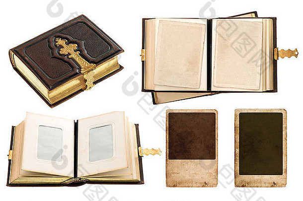 古董专辑复古的照片卡片古董书金装饰孤立的白色背景