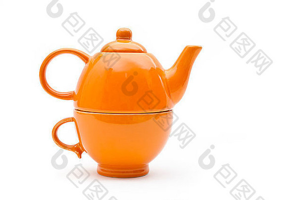 揭穿相对论单橙色茶壶茶杯集孤立的白色背景茶能设计坐前杯