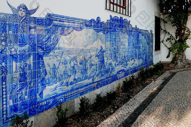 蓝色的白色陶瓷瓷砖壁画教堂sante如果我们里斯本葡萄牙描绘战斗场景秋天里斯本