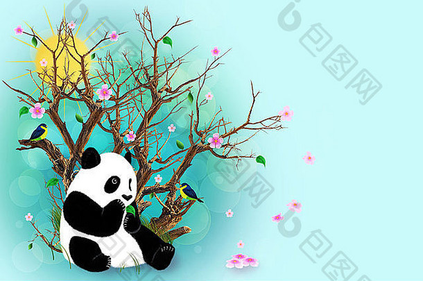 熊猫坐着干树开花花