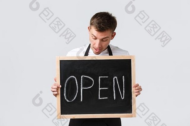 小零售业务主人咖啡馆餐厅员工概念逗乐快乐推销员服务员通知开放显示开放标志