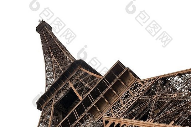 关闭低角视图雄伟的埃菲尔铁塔塔孤立的白色巴黎法国