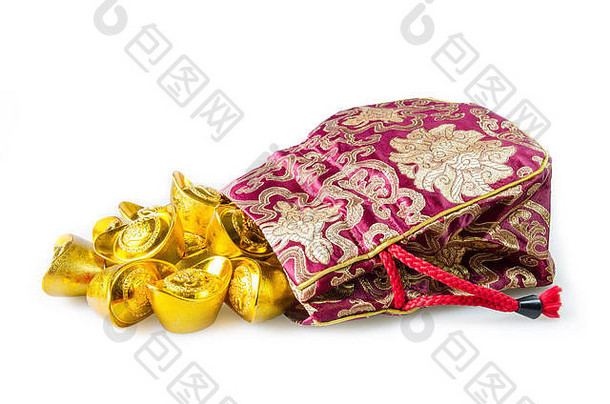 中国人黄金锭外国文本意味着祝福丰富的运气红色的袋孤立的白色背景