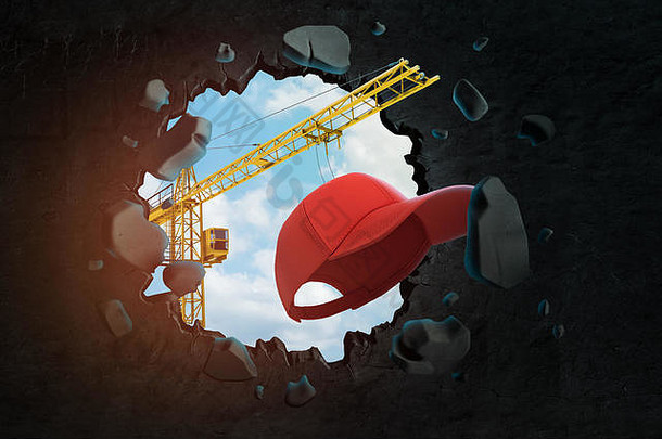 呈现建设起重机红色的帽打破黑色的墙
