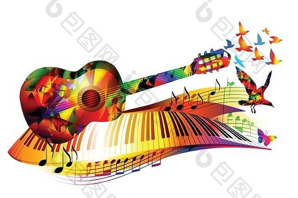 色彩斑斓的音乐背景吉他计划键盘飞行鸟音乐笔记
