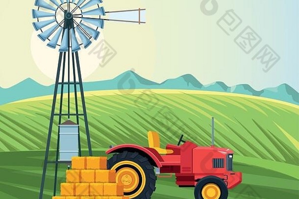 农业场拖拉机风车包有农场