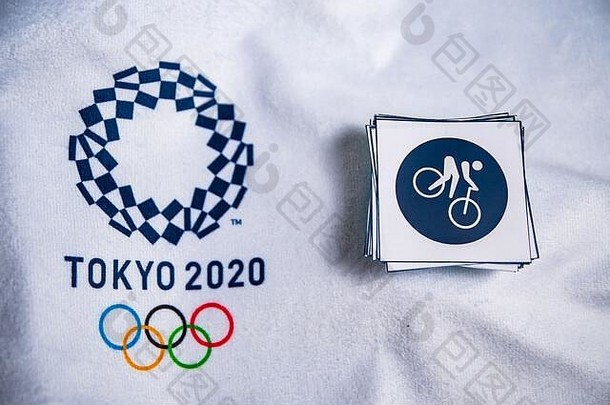 东京日本1月骑自行车山自行车图标夏天奥运游戏东京白色背景官方标志象形图