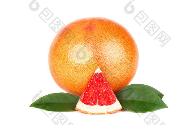 <strong>葡萄柚</strong>一块孤立的白色背景新鲜的水果剪裁路径新鲜的<strong>葡萄柚</strong>绿色叶子孤立的