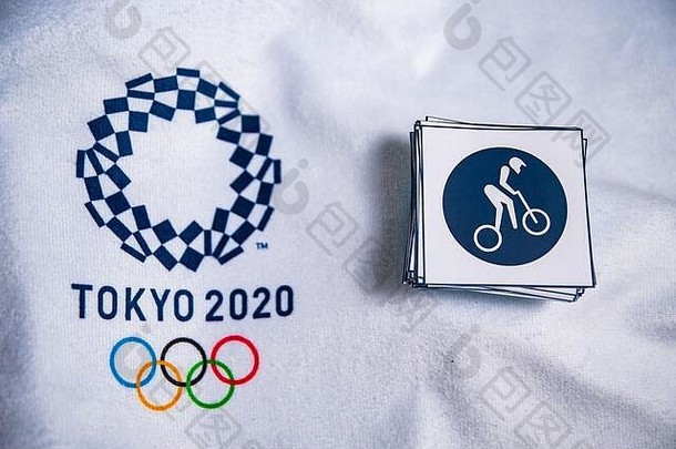 东京日本1月骑自行车BMX赛车图标夏天奥运游戏东京白色背景官方标志象形图