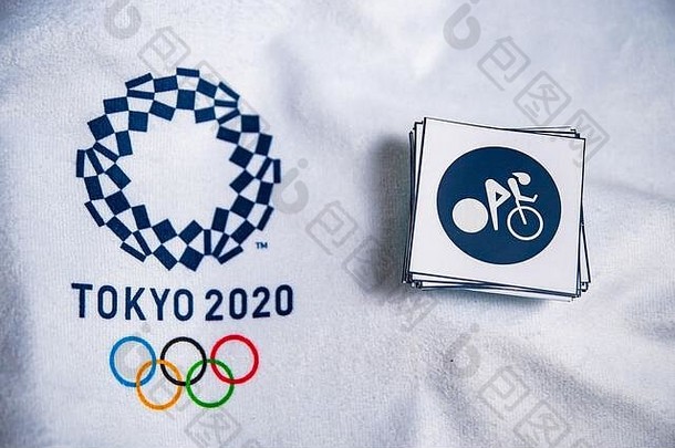 东京日本1月骑自行车跟踪图标夏天奥运游戏东京白色背景官方标志象形图
