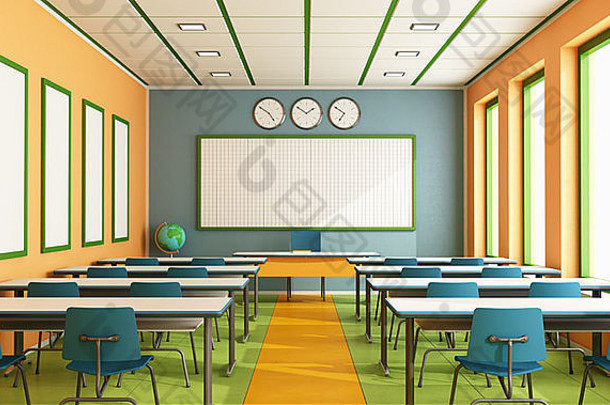 当代教室色彩斑斓的墙地板上学生呈现