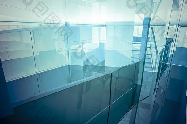 空办公室列大窗户室内建筑业务空间蓝色的光影响