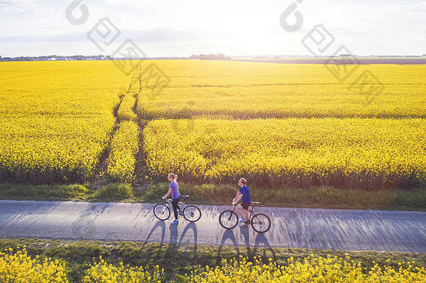 骑自行车集团年轻的人自行车空中视图