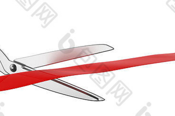 大开放概念剪刀切割红色的丝绸丝带孤立的断路白色背景横幅插图