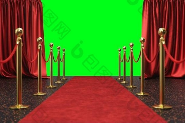奖显示背景红色的窗帘开放绿色屏幕红色的天鹅绒地毯金障碍连接红色的绳子窗帘剧院