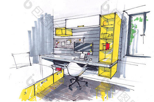 草图室内舒适的工作室阁楼黄色的大窗户椅子现代风格多功能桌子上书架电脑