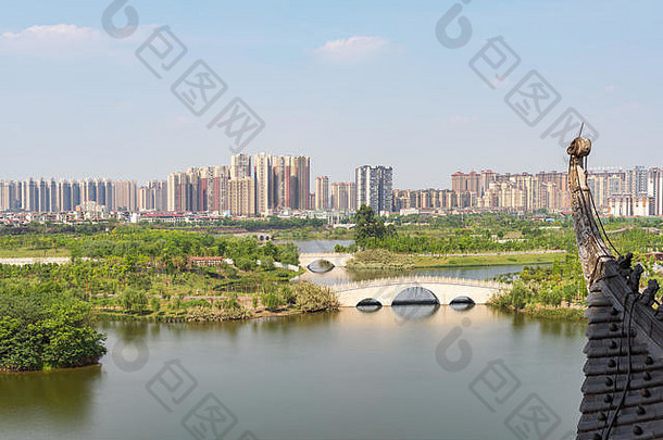 梅山四川省中国4月空中视图城市湖yuanjinglou建筑