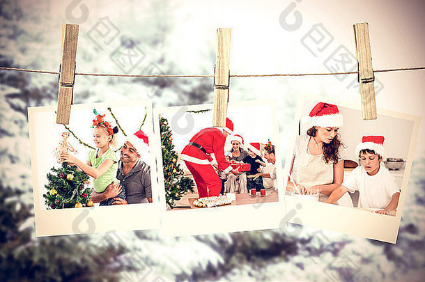 复合图像可爱的女孩装修圣诞节树父亲