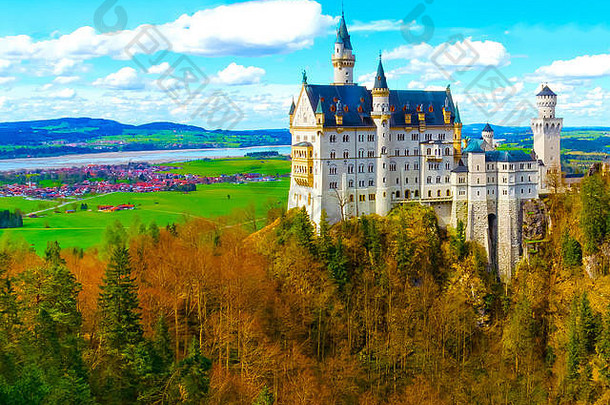 视图著名的旅游吸引力巴伐利亚阿尔卑斯山脉世纪新天鹅堡城堡
