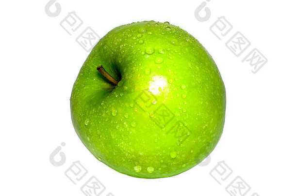 绿色苹果露水孤立的白色背景食物健康的