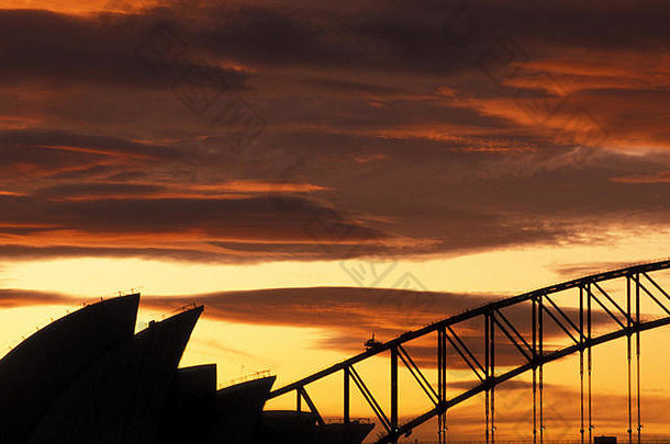 轮廓<strong>悉尼</strong>歌剧房子部分港口桥南威尔士澳大利亚