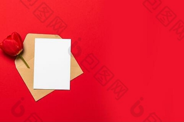 工艺信封空白表纸红色的郁金香红色的背景前视图空间文本