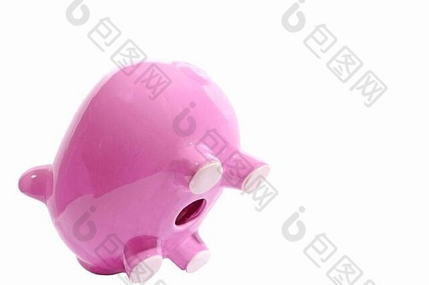 水平拍摄粉红色的小猪银行平衡鼻子面对相机左一边图片白色背景复制空间