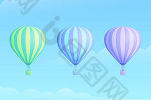 热空气气球旅行冒险插图集白色云夏天蓝色的天空集合彩虹颜色热空气气球飞艇出售横幅促销活动剪裁面具应用