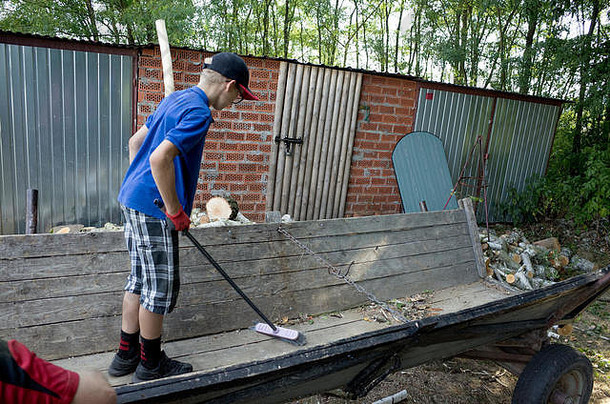 男孩全面马车填满木家庭烦人的事工作年龄障碍中央波兰欧洲