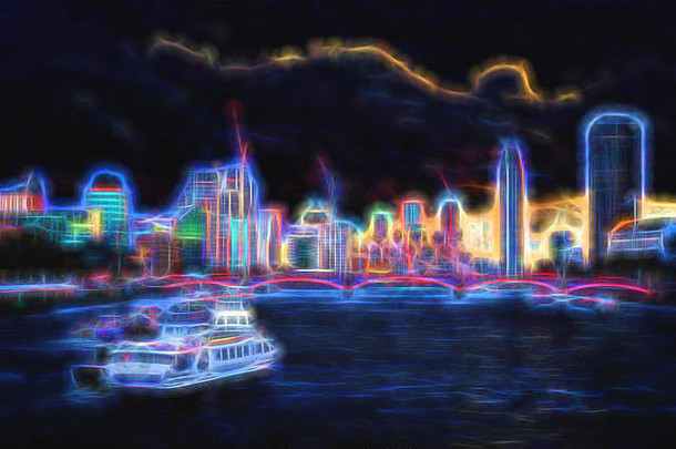城市巡航船河泰晤士河伦敦天际线轮廓背景未来主义的晚上城市发光的霓虹灯紫色的蓝色的灯