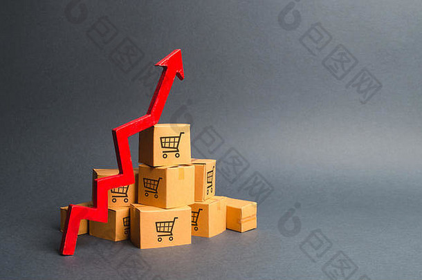 桩纸板盒子画购物车红色的箭头增长率生产货物产品增加经济