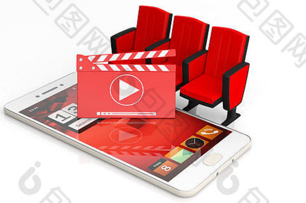 电影电影首页视频概念电影电影克拉珀董事会剧院椅子移动电话孤立的白色背景插图
