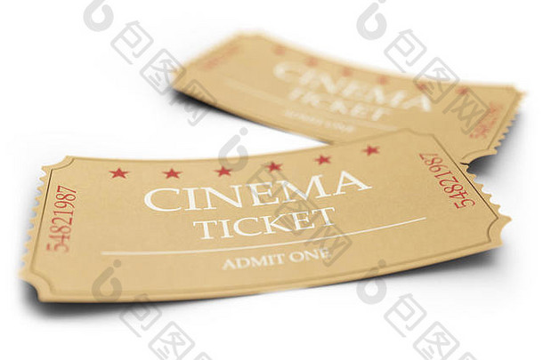 电影票孤立的白色背景深度场效果特写镜头电影承认票使变形纸插图