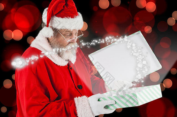 复合图像圣诞老人老人开放礼物盒子