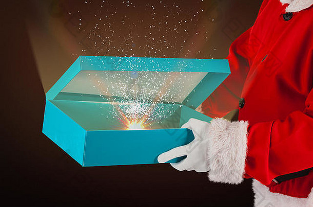 复合图像圣诞老人老人开放礼物盒子