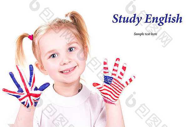 美国英语旗帜孩子的手学习英语语言概念